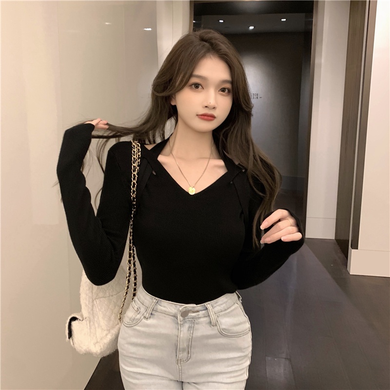 Áo ZHELIHANGFEI dệt kim tay dài trễ vai thiết kế ôm sát tôn dáng phong cách gợi cảm cho nữ