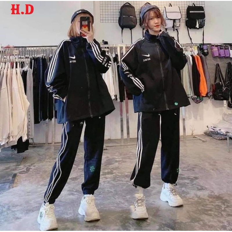 bộ nữ áo khoác nỉ đông dấu in tim + quần 3 rot bo ống form thụng unisex chất đẹp giá rẻ nhất