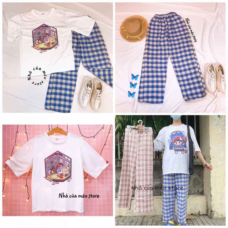 Áo thun hoạt hình kèm quần caro ống rộng cạp chun chất liệu thoáng mát unisex [Nhà Của Méo Store]