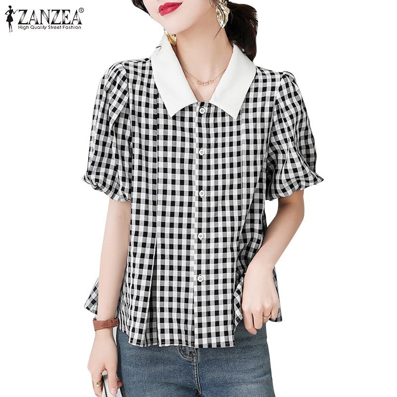 ZANZEA Áo Kiểu Tay Phồng Ngắn Cổ Bẻ Xếp Ly Họa Tiết Kẻ Sọc Phong Cách Hàn Quốc Thời Trang Cho Nữ