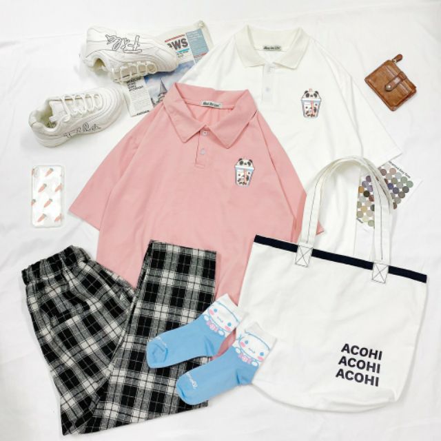 Áo thun polo tay lỡ in TRÀ SỮA unisex (Ảnh thật)