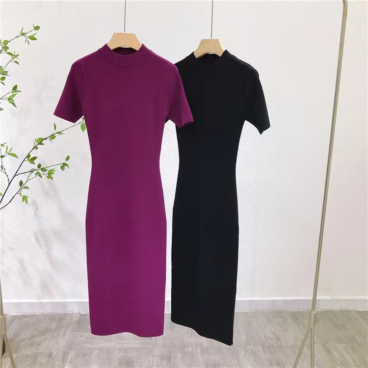 Đầm lửng SUXI dệt kim tay ngắn màu trơn ôm dáng thời trang mùa hè cho nữ