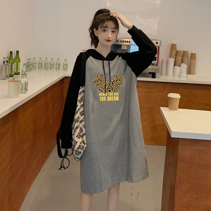 Đầm tay dài có mũ trùm đầu in họa tiết hoạt hình xinh xắn thời trang cho nữ