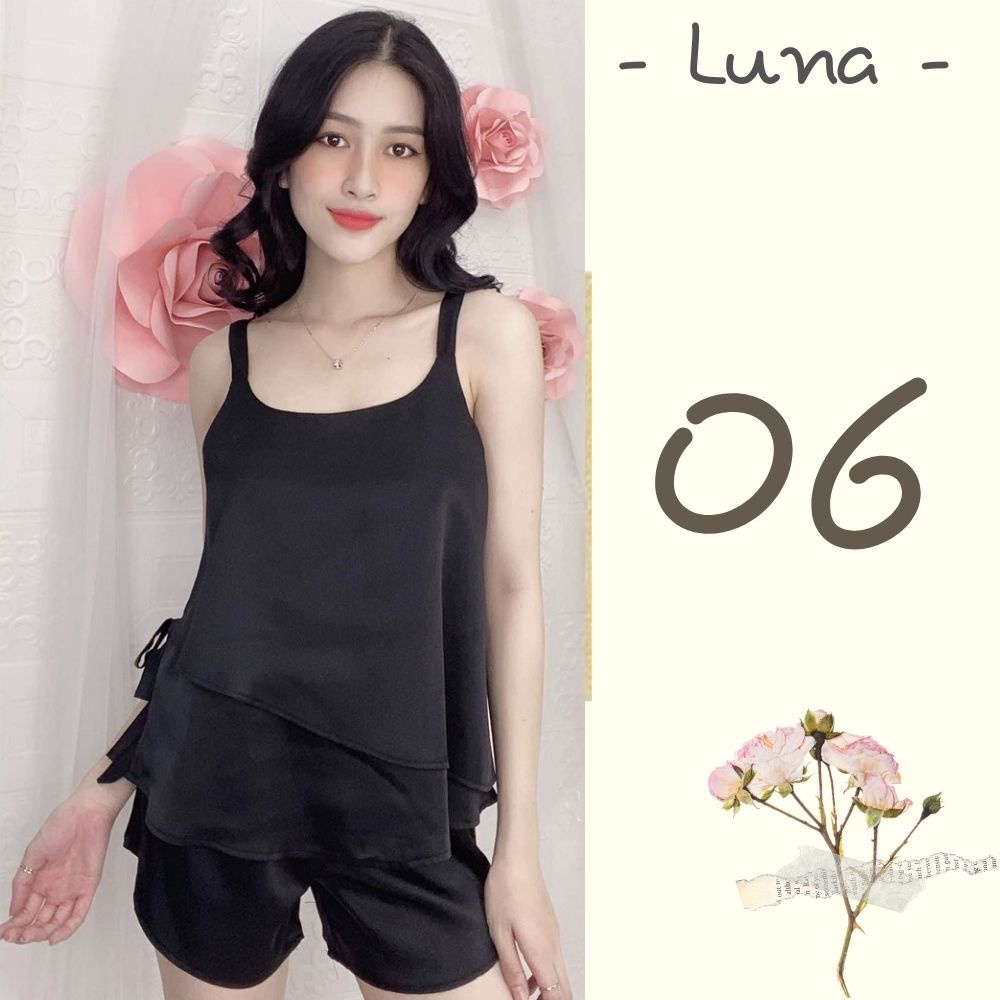 Đồ bộ lụa mặc nhà nữ quần đùi áo 2 dây LUNA lụa satin cao cấp bigszie dưới 75kg