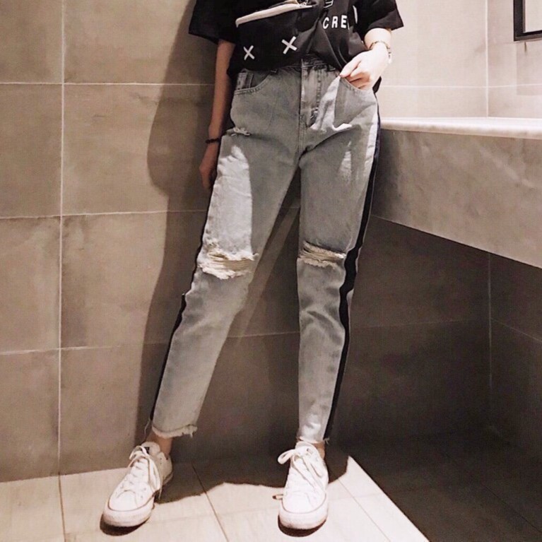 quần jean nữ rách gối sọc hông mẫu hotgirl thanh thanh