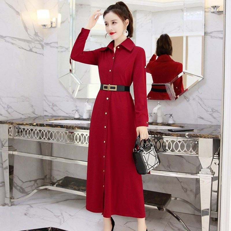 Đầm Sơ Mi Tay Dài Dáng Ôm Màu Đen / Đỏ Thời Trang Xuân Thu Xinh Xắn Cho Nữ