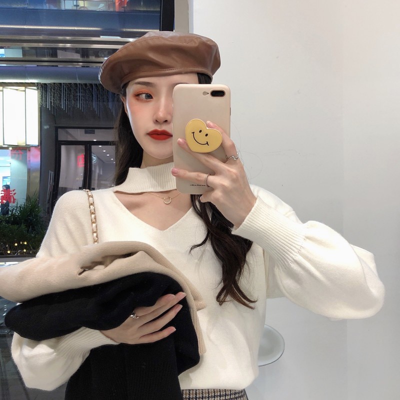 Áo len nữ cổ lọ form rộng, áo len dệt kim tay dài phong cách Hàn quốc thiết kế cổ chocker | BigBuy360 - bigbuy360.vn