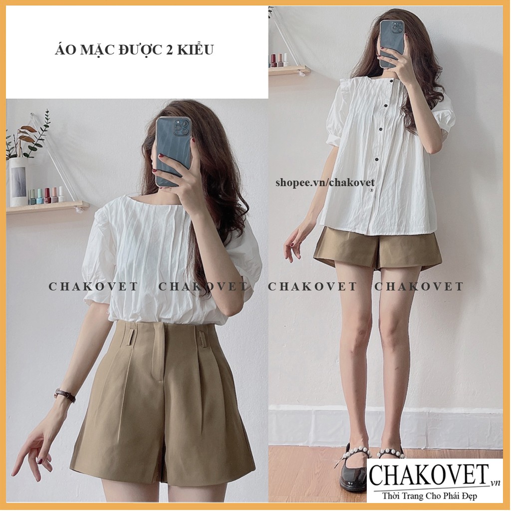 Áo babydoll xếp li ngực điệu đà phong cách Hàn Quốc cka818, kiểu áo sơ mi nữ trắng phối hàng cúc phía sau đẹp cá tính | BigBuy360 - bigbuy360.vn