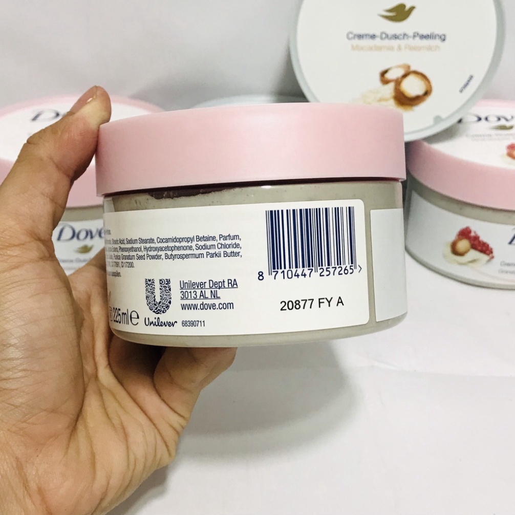 Tẩy da chết body DOVE Mỹ, Đức Macca Lựu đỏ giúp da mịn màng chiết xuất từ thiên nhiên 225G