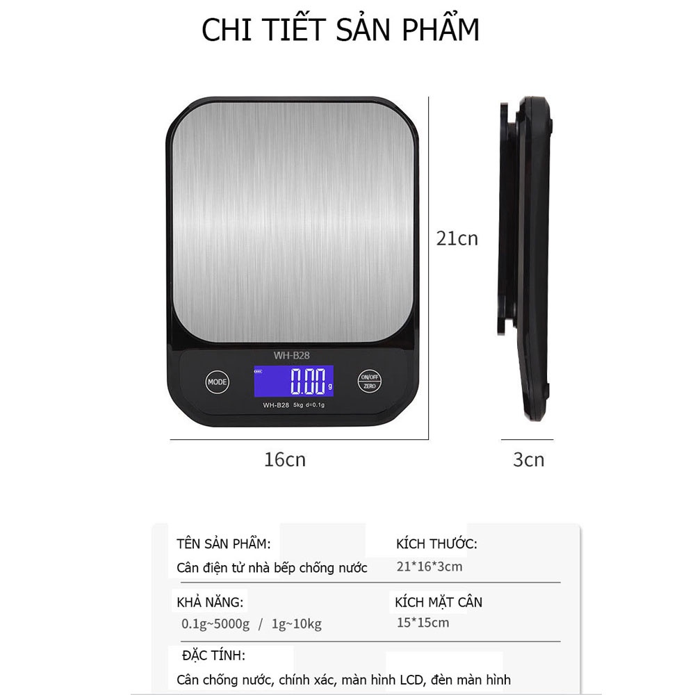 Cân điện tử nhà bếp chịu nước pin sạc lại KHALIK WH-B28 siêu bền độ chính xác cao - Fullbox