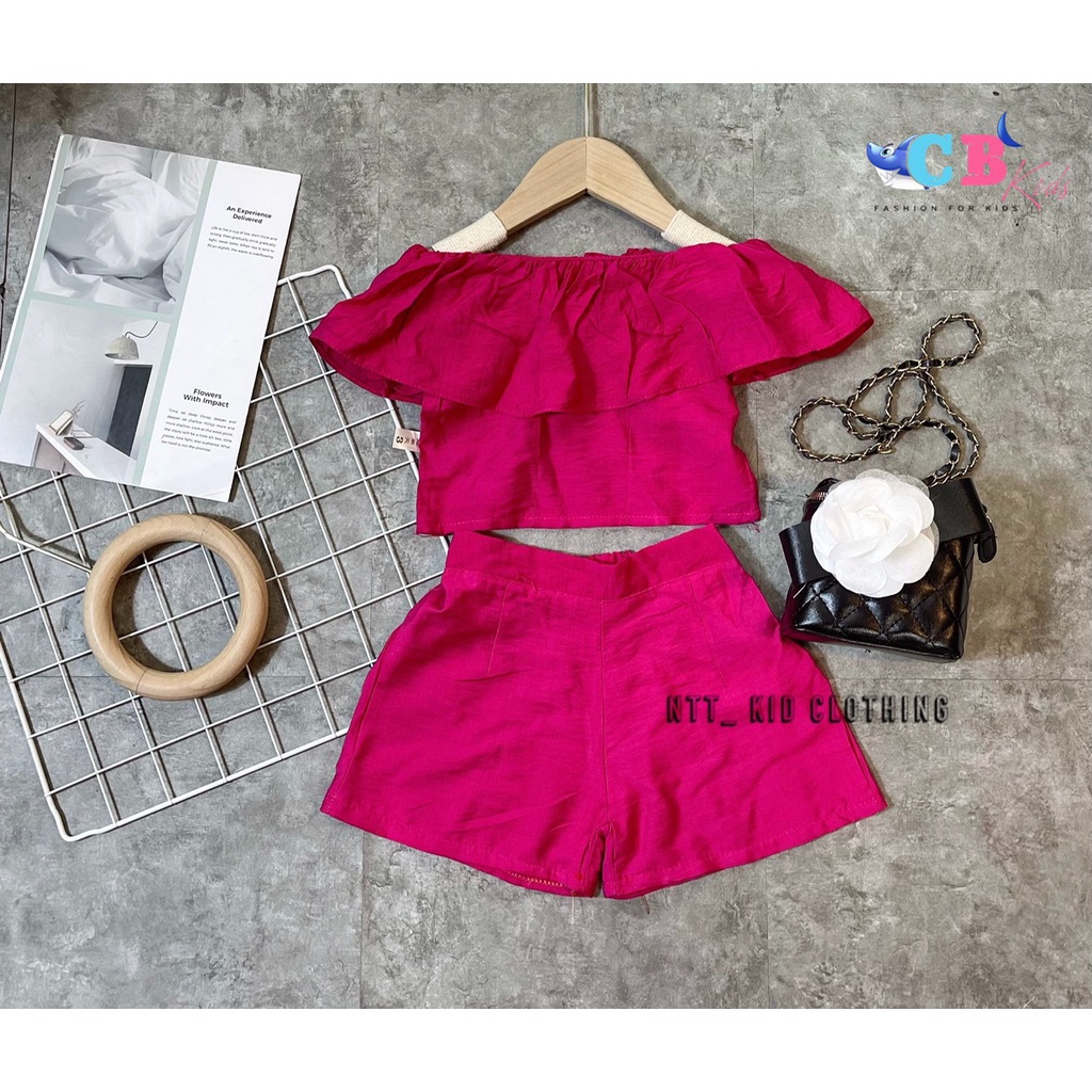 Bộ trễ vai mùa hè bé gái, bộ áo trễ vai bèo croptop chất đũi nhẹ tênh cho bé