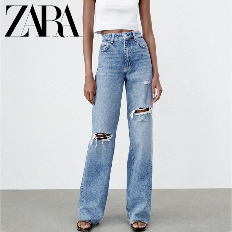 Zara Quần Jean Ống Rộng Lưng Cao Phối Rách Cá Tính Dễ Phối Đồ