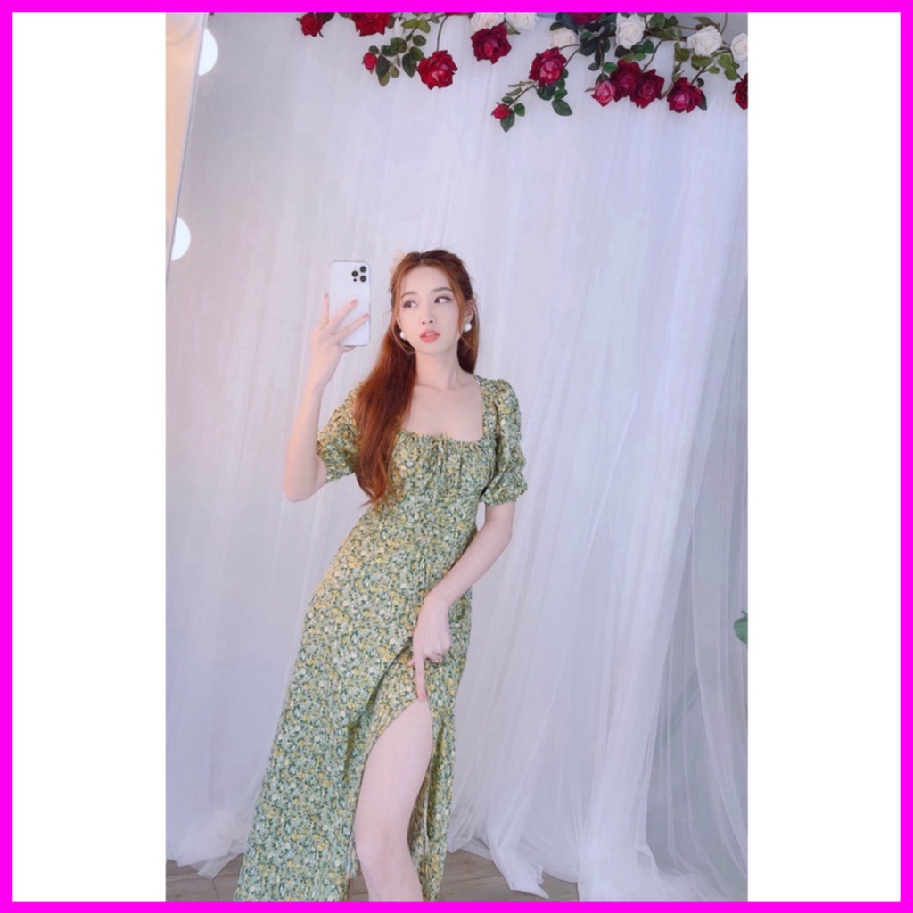 Đầm maxi hoa nhí cổ vuông nhún ngực cột nơ nhỏ xẻ tà bầu bì bon chen thoải mái siêu đẹp hình thật mẫu mặc