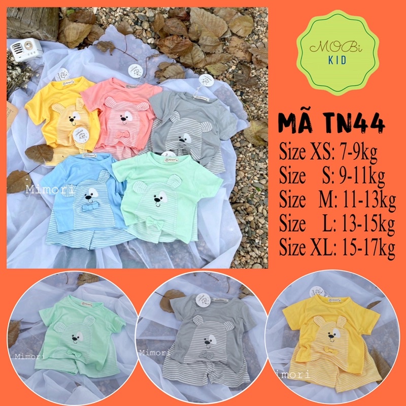 TN44 Bộ Tay Ngắn Quần Ngắn Áo Đắp Hình Gấu Quần Kẻ Sọc Cho Bé 7kg Đến 17kg