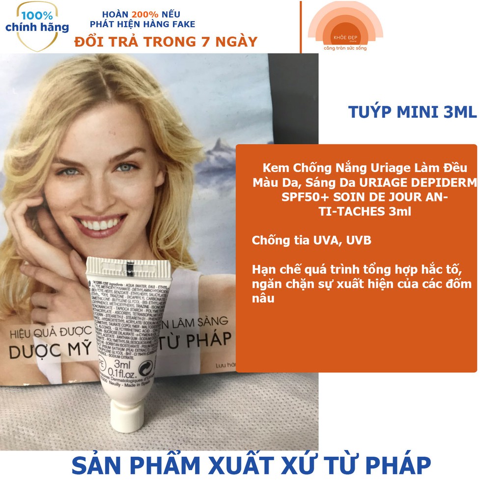 [HÀNG CÔNG TY]  Kem Chống Nắng Uriage Làm Đều Màu Da, Sáng Da URIAGE DEPIDERM SPF50+ SOIN DE JOUR ANTI-TACHES 3ml | BigBuy360 - bigbuy360.vn