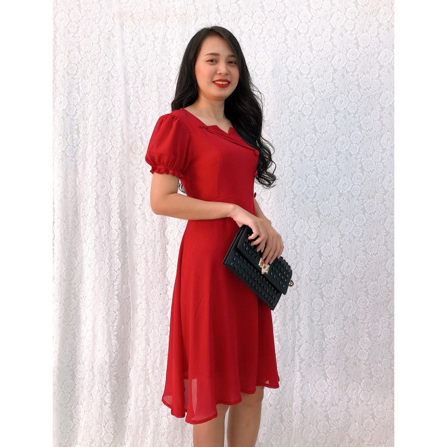 Đầm Xòe Voan Chiffon S&amp;M Cổ Bẻ Đính Nút Tôn Dáng, Xinh Đẹp, Giá Rẻ GR156_ Có Bigsize, Hình Thật Do Shop Tự Chụp