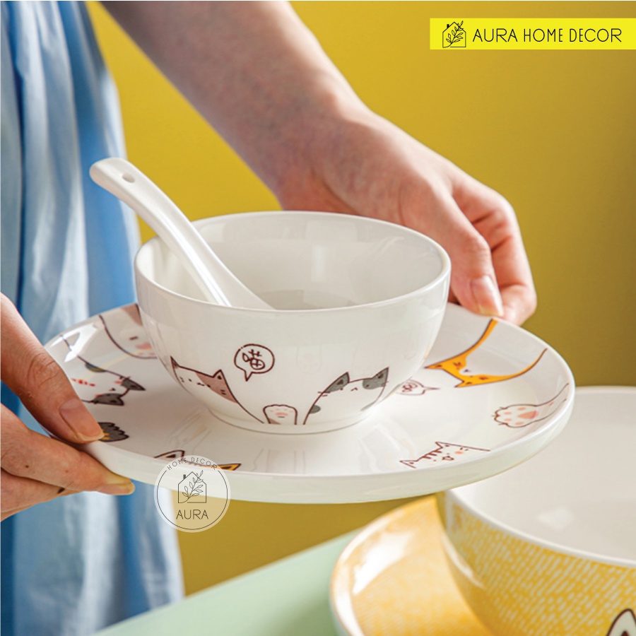 Bộ bát cơm, bát tô, đĩa hình mèo trắng vàng dễ thương - Chất liệu gốm sứ men bóng cao cấp