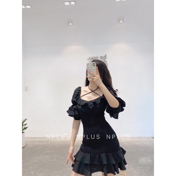 Đầm ôm body nhún bèo trễ vai