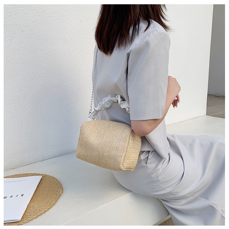 Túi Cói Dáng Hộp Vuông Phối Quai Da Nhún Kiểu Hàn