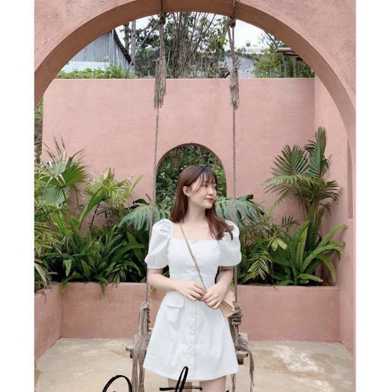 đầm basic 2 màu nút giả nơ cổ