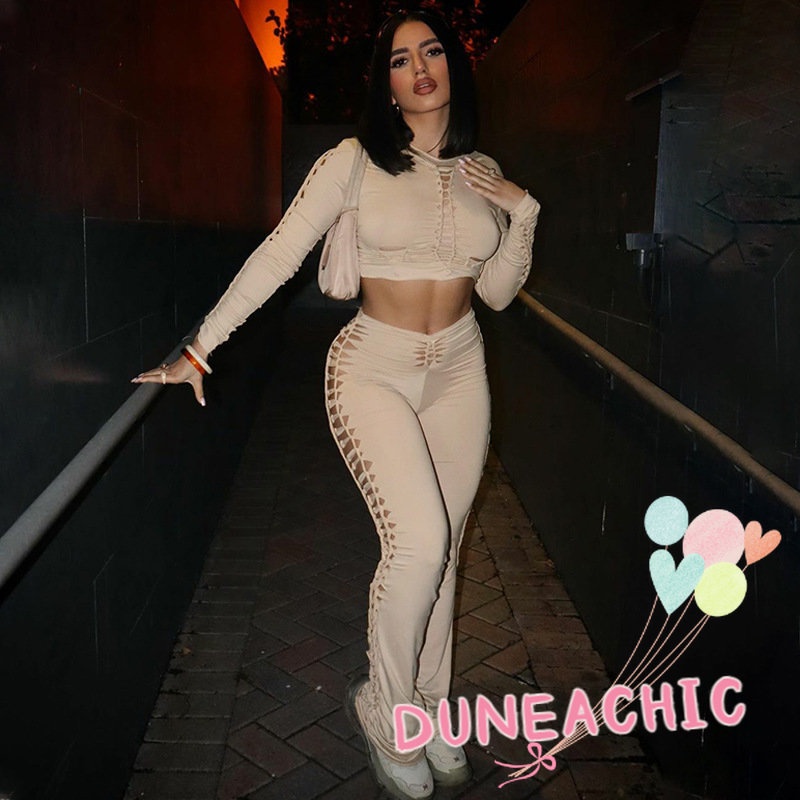 DUNEA Set Áo Thun Tay Dài 2 Dây + Quần Dài Lưng Cao Thiết Kế Quyến Rũ Cho Phái Nữ