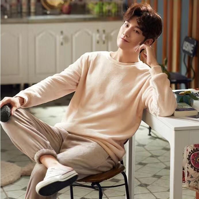 Bộ Đồ Ngủ Lông Cừu San Hô Dày Dặn In Hoạt Hình Thời Trang Thu Đông Cho Nam