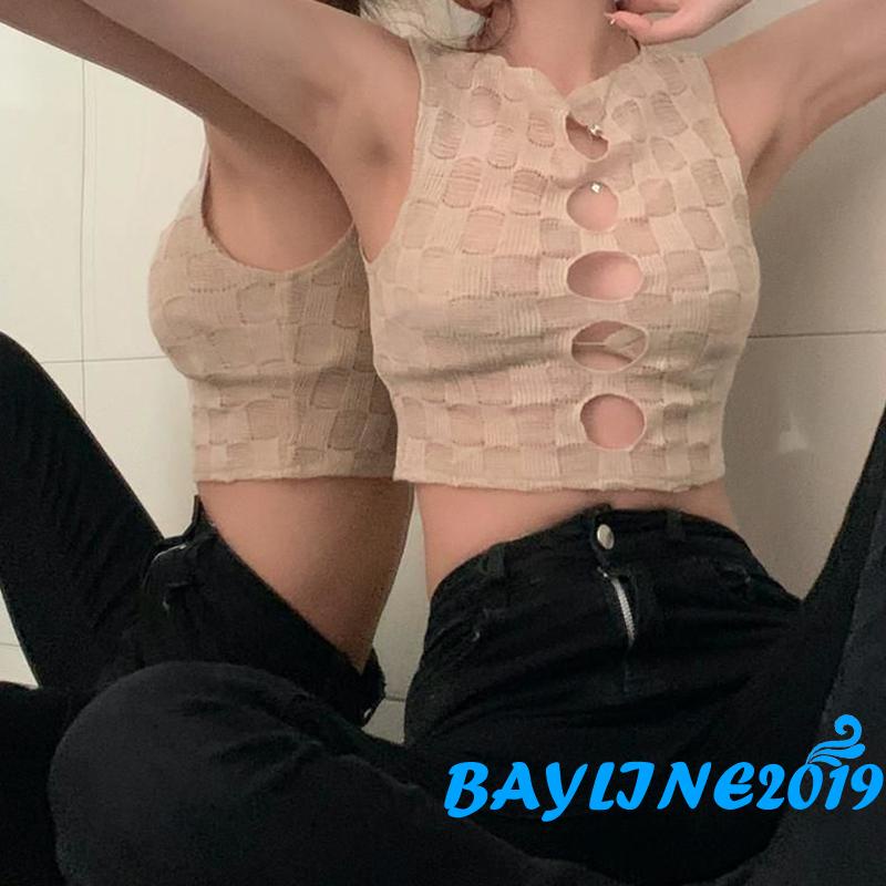 Áo Croptop Dệt Kim Sát Nách Màu Trơn Khoét Rỗng Màu Sắc Đơn Giản Cho Nữ