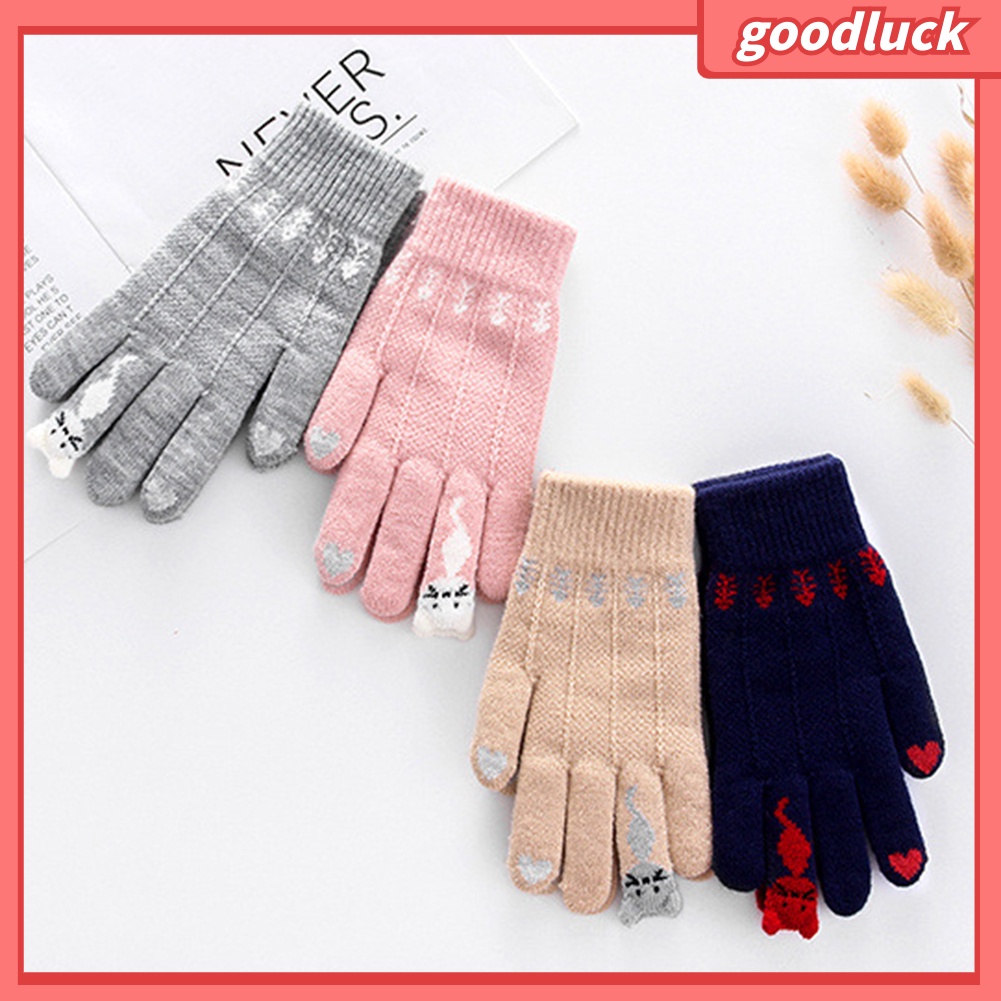 Găng tay dệt kim in hình mèo cảm ứng màn hình thời trang cho nữ