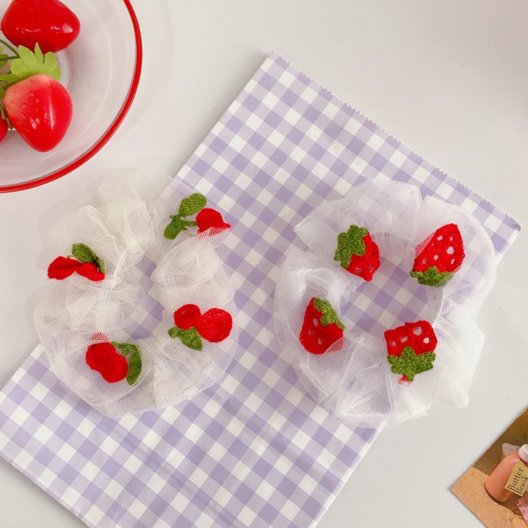 Dây cột tóc Scrunchies Hàn Quốc vải voan thêu trái cây xinh xắn cho nữ