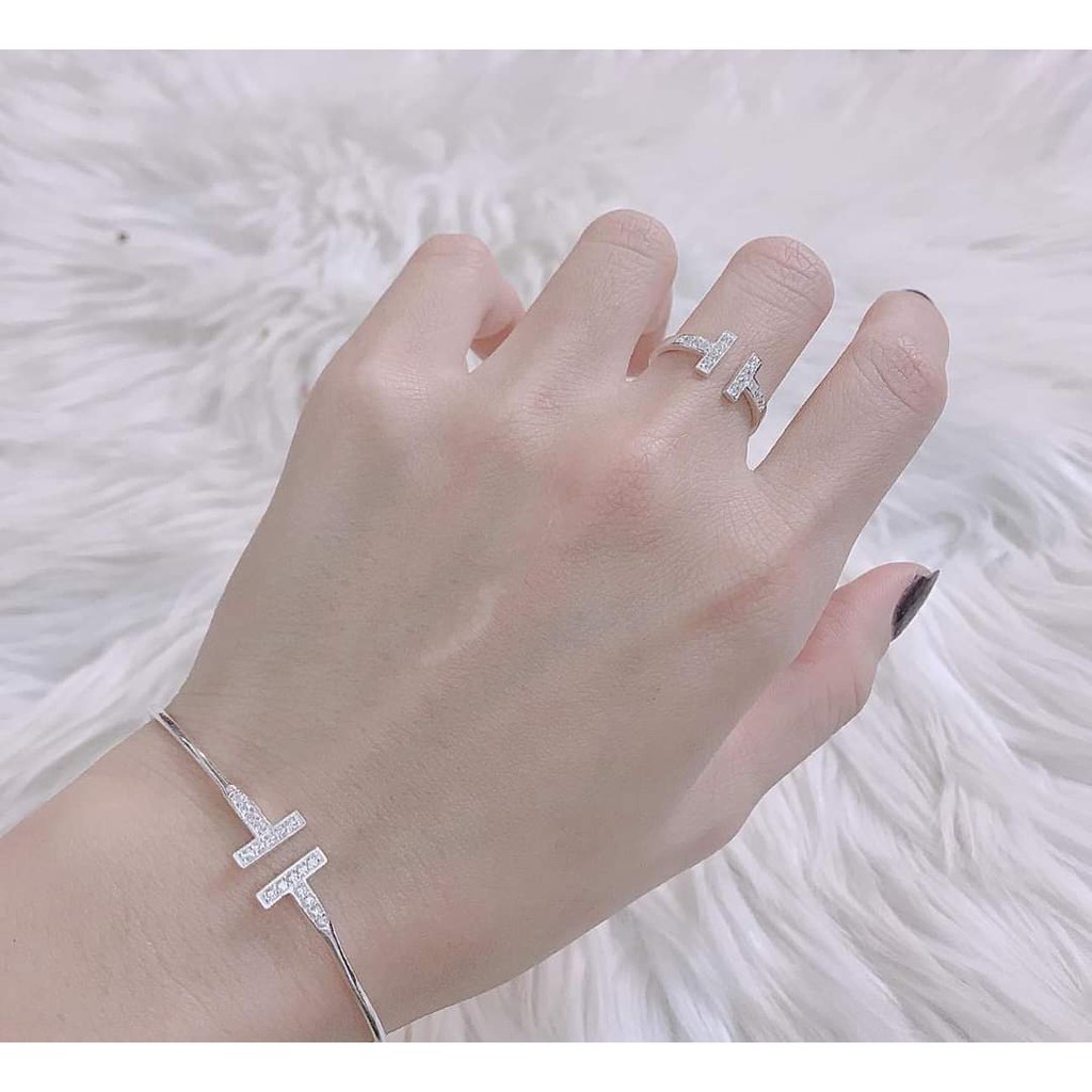 Bộ vòng tay bạc Nhẫn bạc DaLiA Jewelry Chữ H dạng hở sang trọng, kiềng tay, nhẫn bạc dạng cứng hở cho mọi cỡ tay