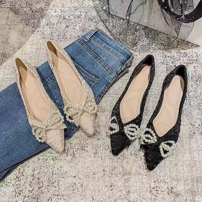 Jiashucheng Xiaoxiang Giày Búp Bê Mũi Nhọn Đế Bằng Thắt Nơ Phong Cách Hàn Quốc Hàng Mới