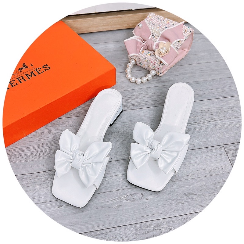 Dép nữ cao gót mũi vuông nơ 4 cánh da lì gót vuông 3cm