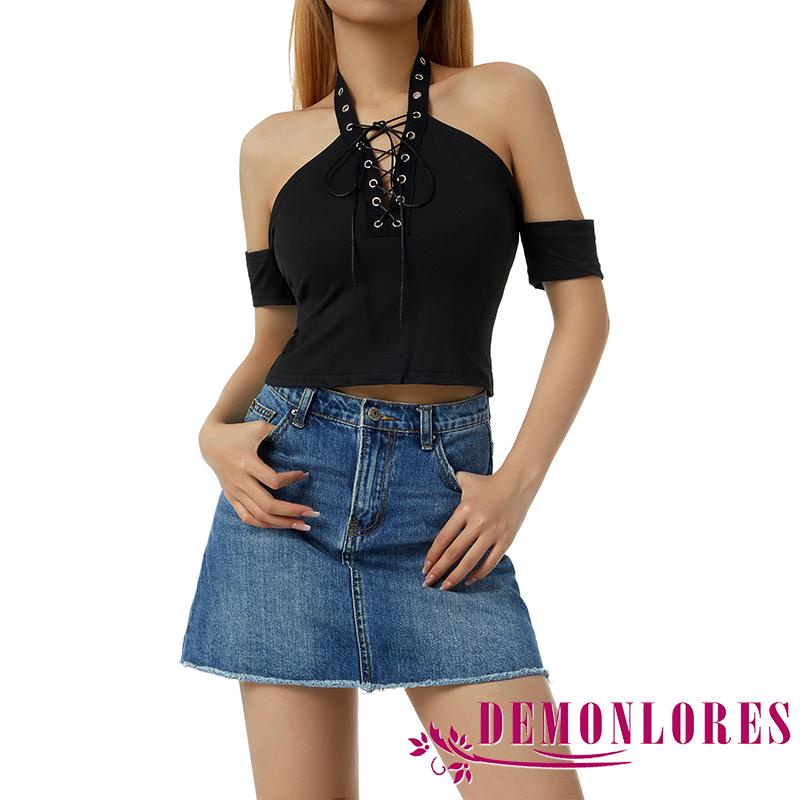 Áo Croptop Trễ Vai Tay Ngắn Dây Đan Chéo Dáng Ôm Thời Trang Dành Cho Nữ