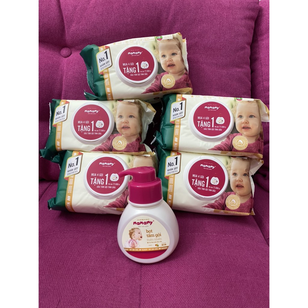 Combo 4 gói Giấy ướt Mamamy 100 tờ,không mùi,có nắp, tặng kèm sữa tắm chính hãng