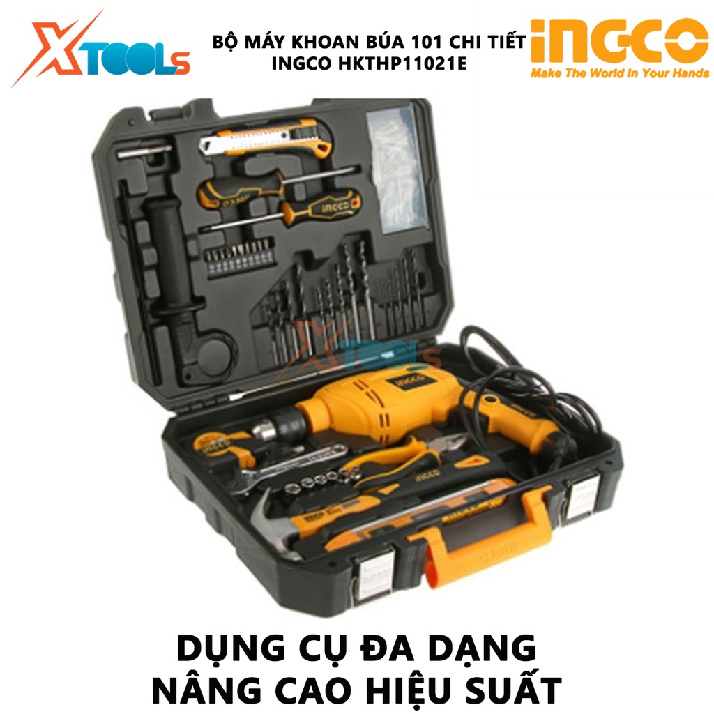 &quot;Bộ máy khoan búa cầm tay 650w 13mm kèm 100 dụng cụ Ingco HKTHP11021E gồm 1 máy khoan cầm tay công suất 650w, đầu khoan