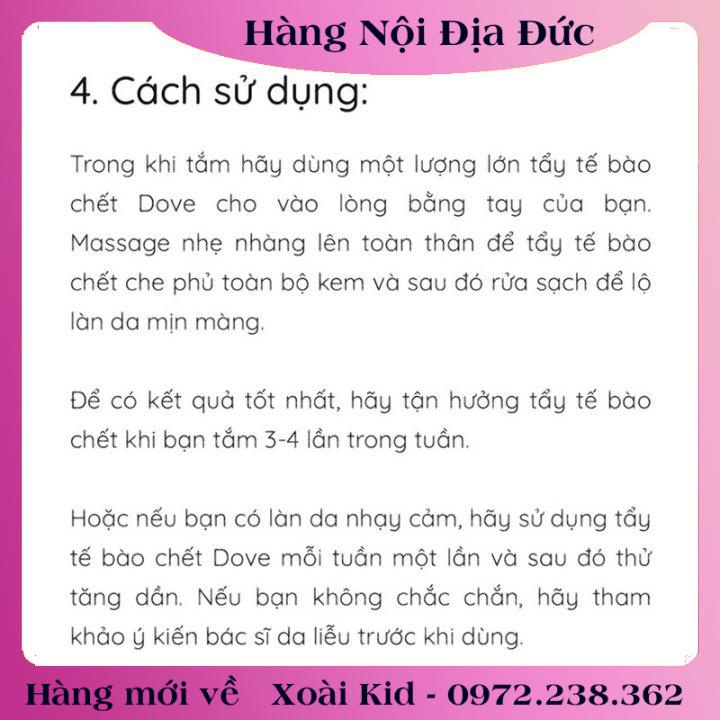 Tẩy tế bào chết, tẩy da chết body và dưỡng thể DOVE nội địa Đức, Đủ Bill và Review [Hot]