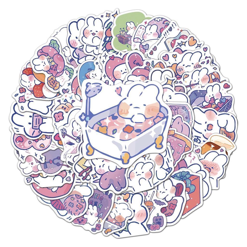 Set 50 chiếc sticker chống thấm nước THỎ TRẮNG SIÊU QUẬY dễ thương dán nón bảo hiểm, nhà cửa, laptop