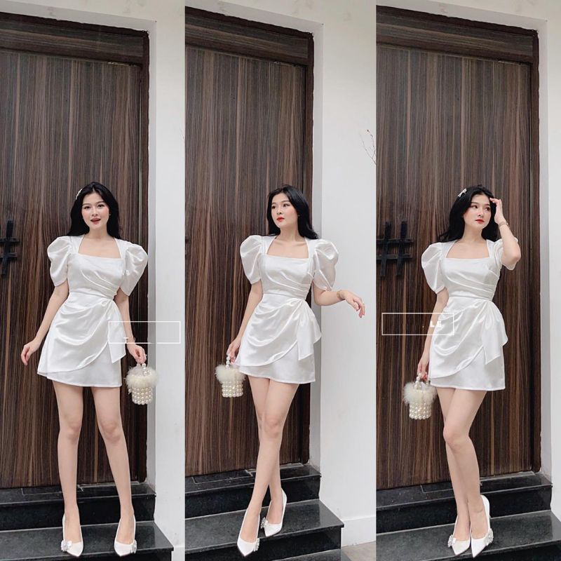 Đầm dạo phố, dự tiệc cổ vuông tay bồng xếp ly nơ eo siêu sang chảnh Celon Dress