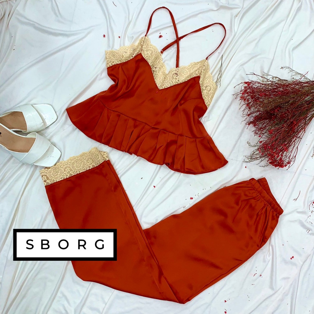 Đồ bộ mặc nhà SBORG bộ ngủ lụa latin 2 dây chéo viền ren sexy dễ thương phối quần dài có túi freesize 60kg quà tặng vợ