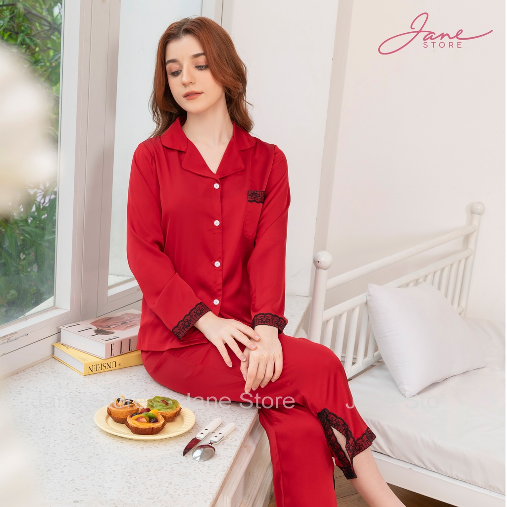 Pijama lụa - Set đồ ngủ lụa Pháp cao cấp - Pijama dài tay trơn màu phối ren sang trọng, tinh tế JANE mã PS20 | BigBuy360 - bigbuy360.vn