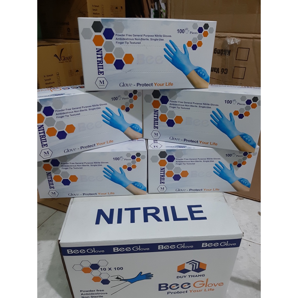 1 THÙNG 10 Hộp Găng tay cao su nhân tạo NITRILE không bột BEE GLOVE, chính hãng Màu Blue 4.0gr-Size S,M,L