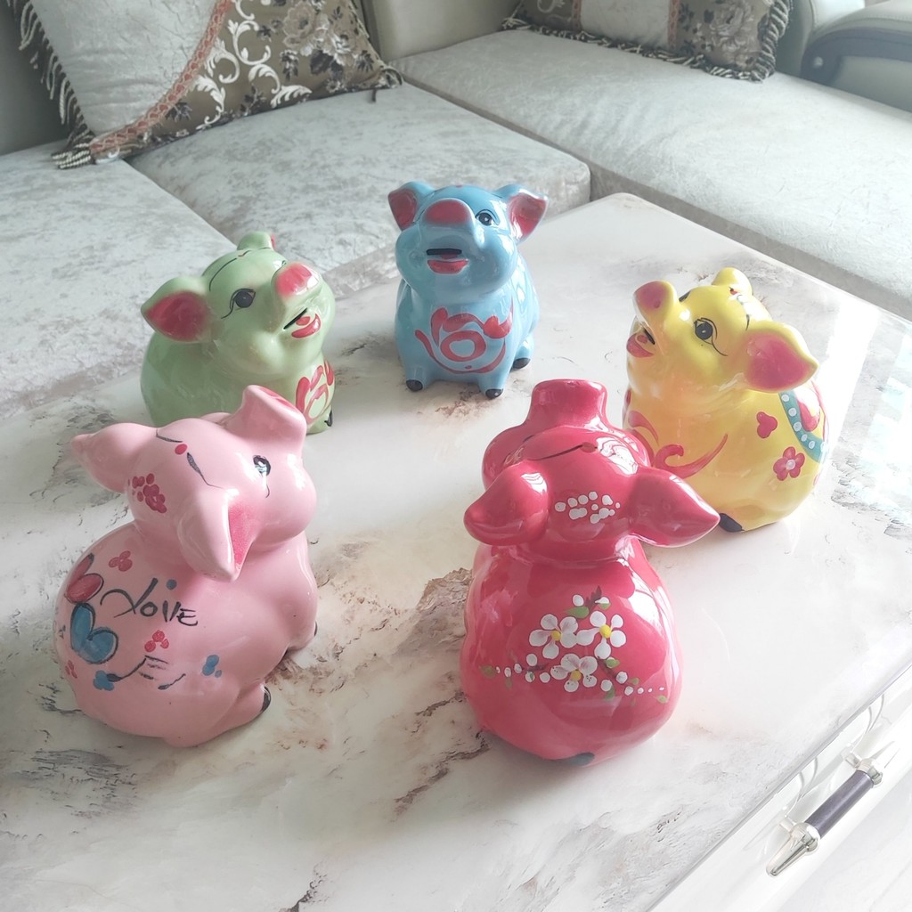 HEO ĐẤT Tiết Kiệm Bát Tràng cao cấp – Kiểu mới HEO NGẨNG ĐẦU – Mang chữ LỘC – 5 màu- Lợn Đất Phong thủy TÀI LỘC