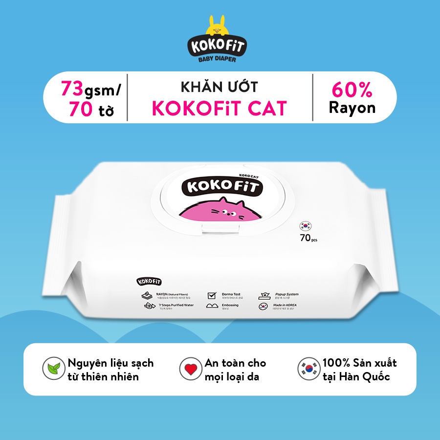 Khăn Ướt Thiên Nhiên KOKOFiT - CAT Hàn Quốc 60% Vải Rayon 70 tờ/hộp 370g