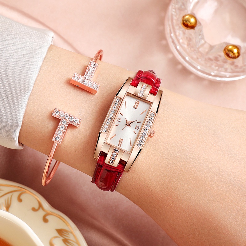 Đồng Hồ Đeo Tay Mặt Vuông Đính Đá Lấp Lánh Chống Thấm Nước Thời Trang Cho Nữ