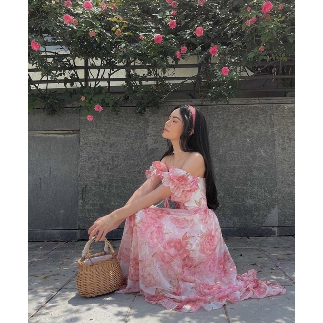 ĐẦM MAXI HOA BẸT VAI ĐAN DÂY NGỰC