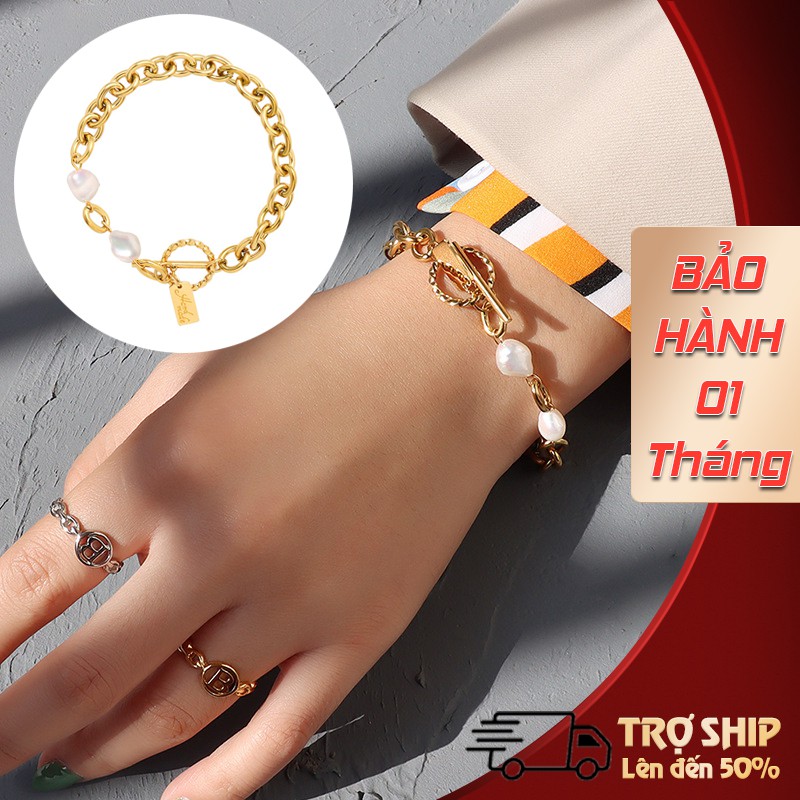 Vòng tay, lắc tay nữ bằng Thép Titan mạ vàng 18K không phai màu mắt xích phối Ngọc Trai cá tính - Thời Trang Âu Mỹ.