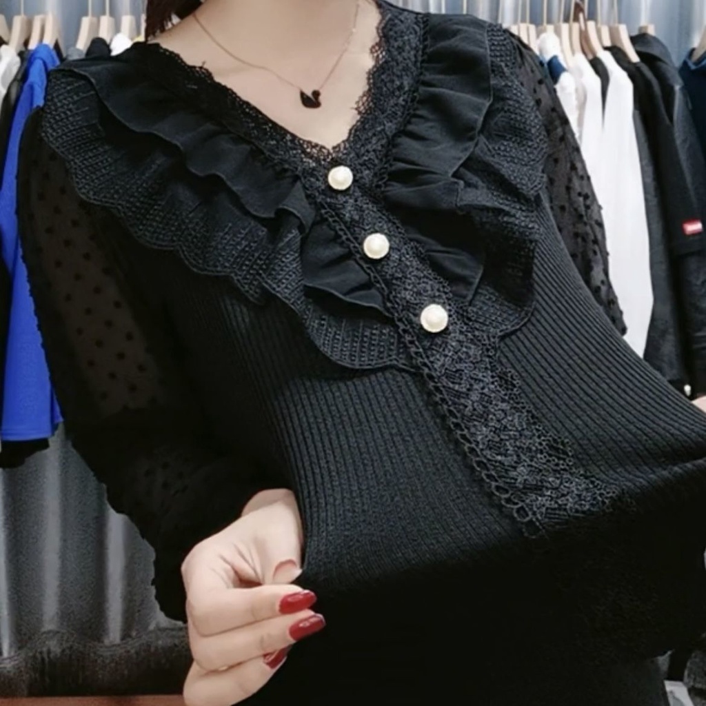 Áo Kiểu Cổ Chữ V Phối Ren Bèo Xinh Xắn Thời Trang Dành Cho Nữ
