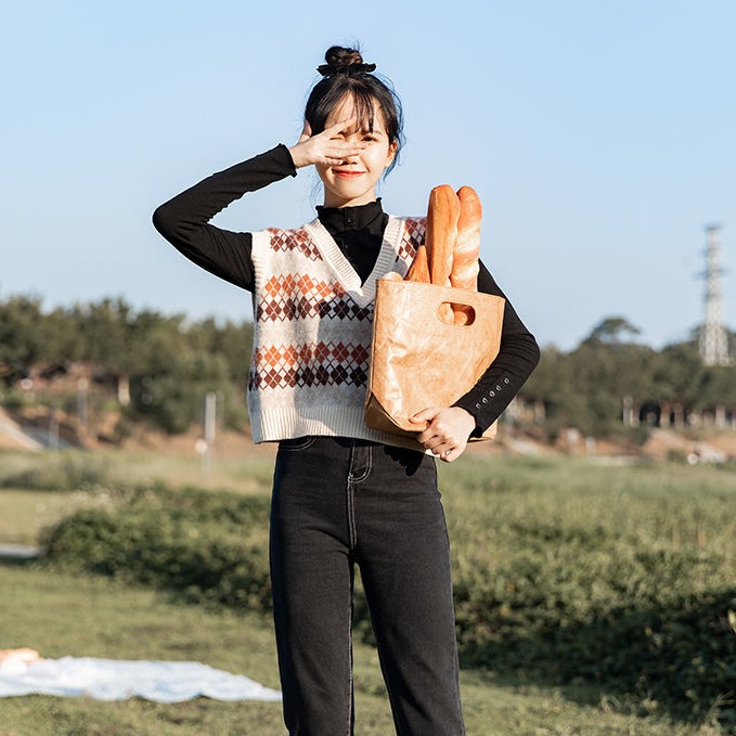 Áo Dệt Kim Không Tay Dáng Rộng Hoa Văn Kẻ Ô Phong Cách Hàn Quốc Dành Cho Nữ