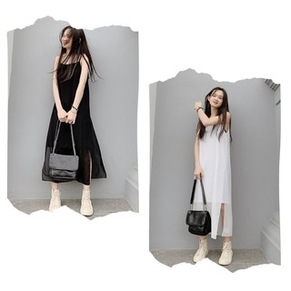 Váy Maxi 2 Dây Trơn Xẻ Tà Voan Đũi 2 Lớp Trắng Đen Ulzzang