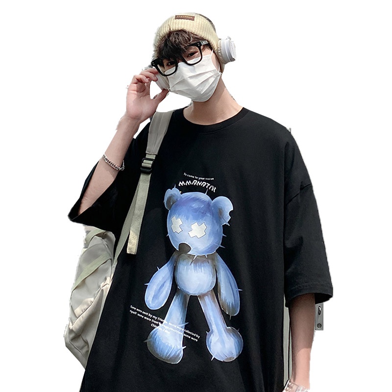 Áo thun tay ngắn cổ tròn dáng rộng in họa tiết gấu phong cách cá tính Hàn Quốc thời trang đường phố cho nam size S-8XL